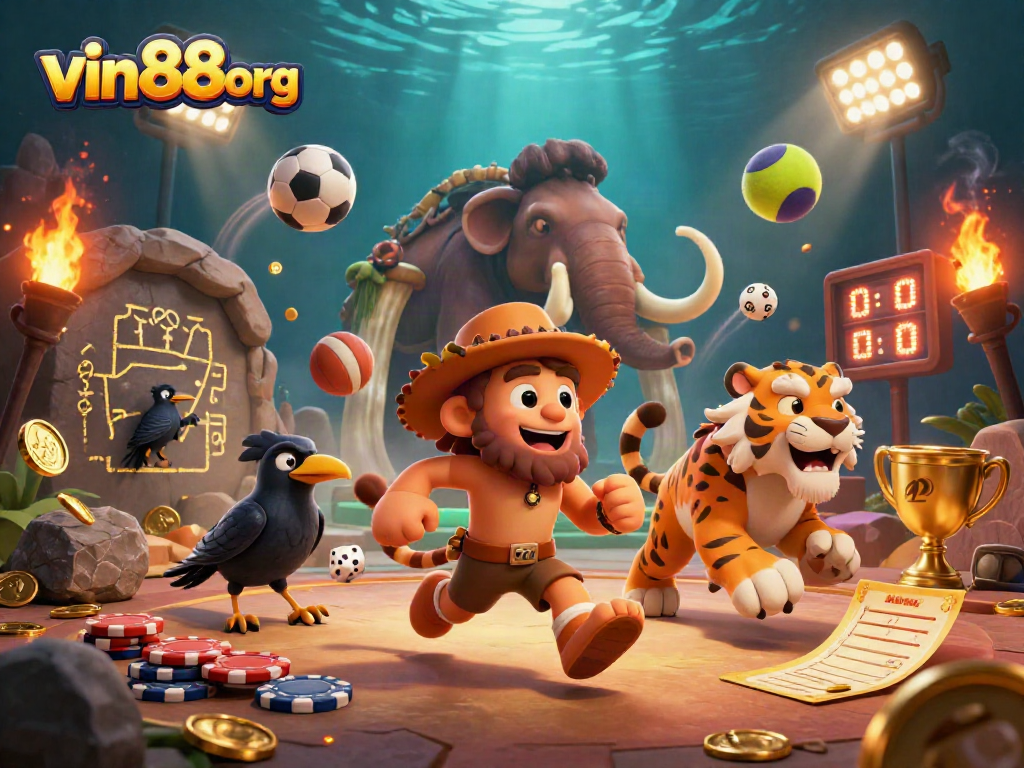 Engage with the thrilling vin88org casino scene featuring vibrant characters and dynamic sports elements.