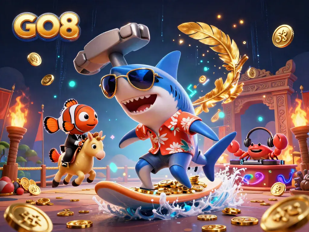 Surf the gold waves with the GO8 hammer-head shark and win exciting casino rewards!