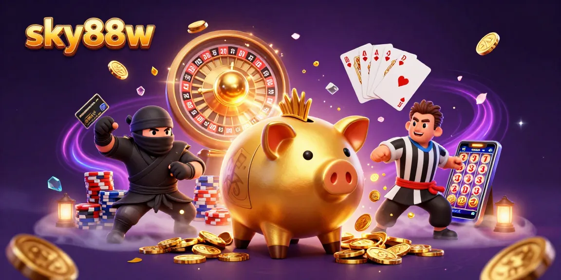 Join the excitement of sky88w with a vibrant illustration of a golden piggy bank sumo wrestler amidst casino elements!