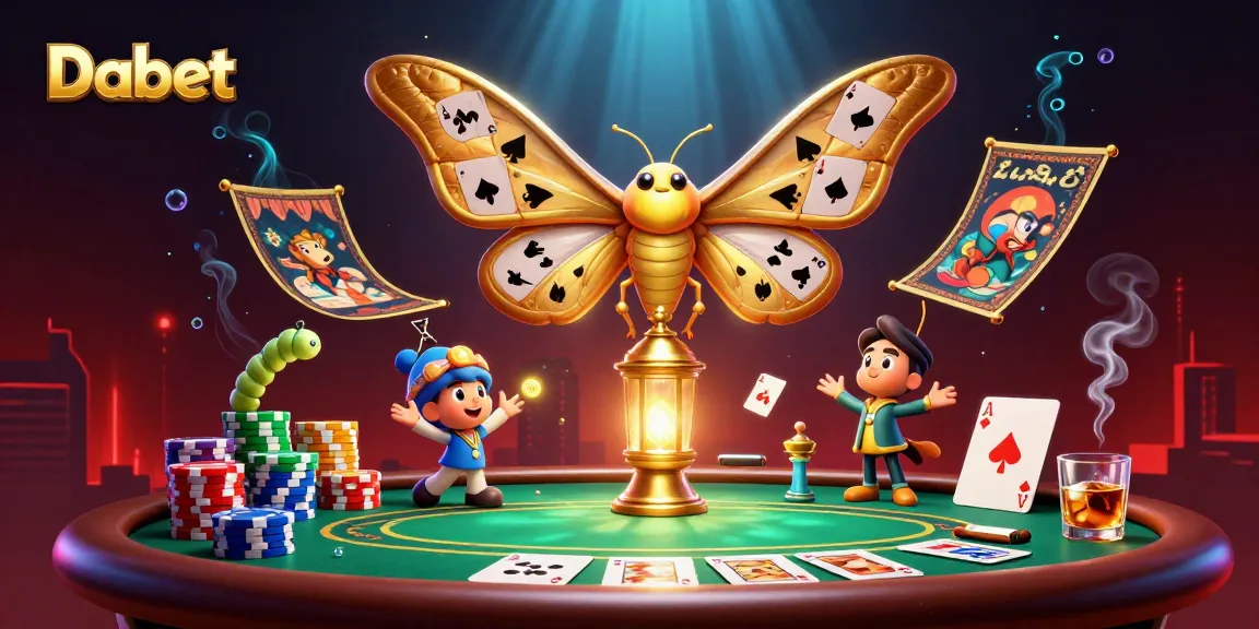 Dabet's vibrant casino scene features a majestic atlas moth with golden wings and dynamic poker elements.