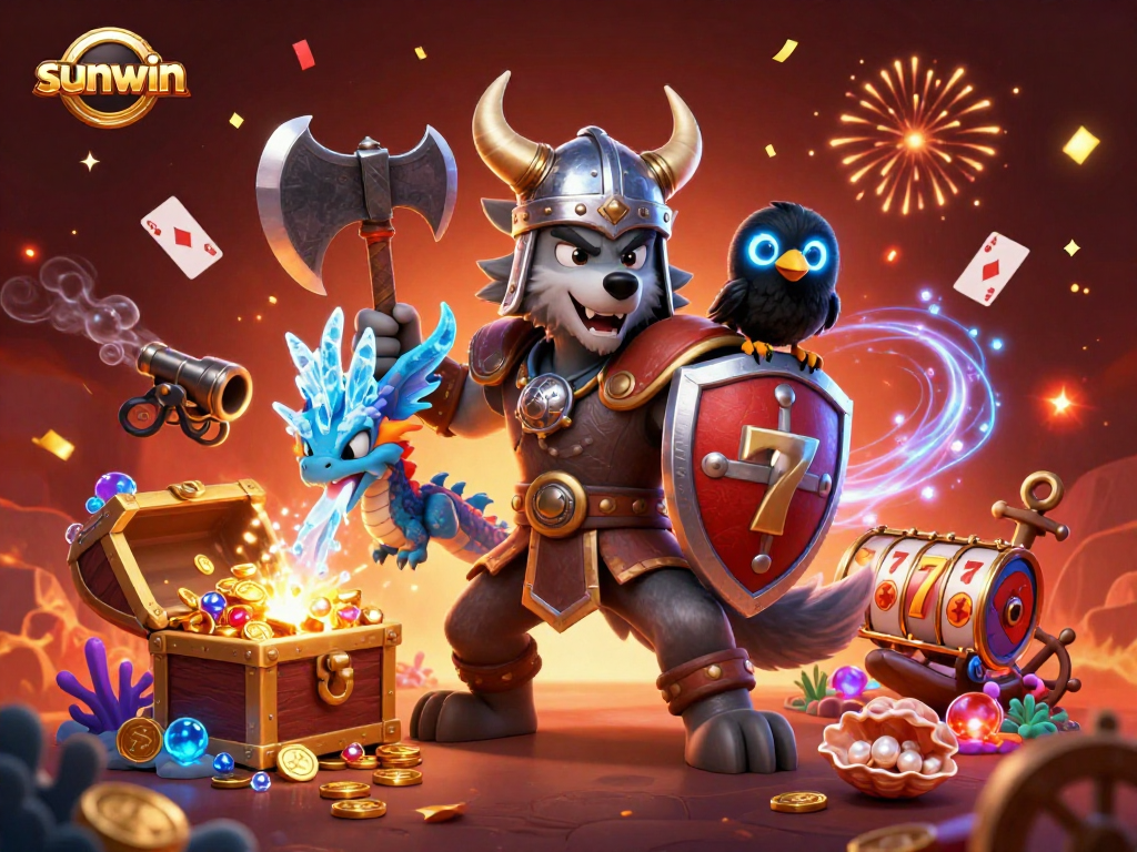 Experience thrilling gameplay with sunwin's vibrant 3D casino scene featuring a heroic Viking, dragon, and glowing treasures.