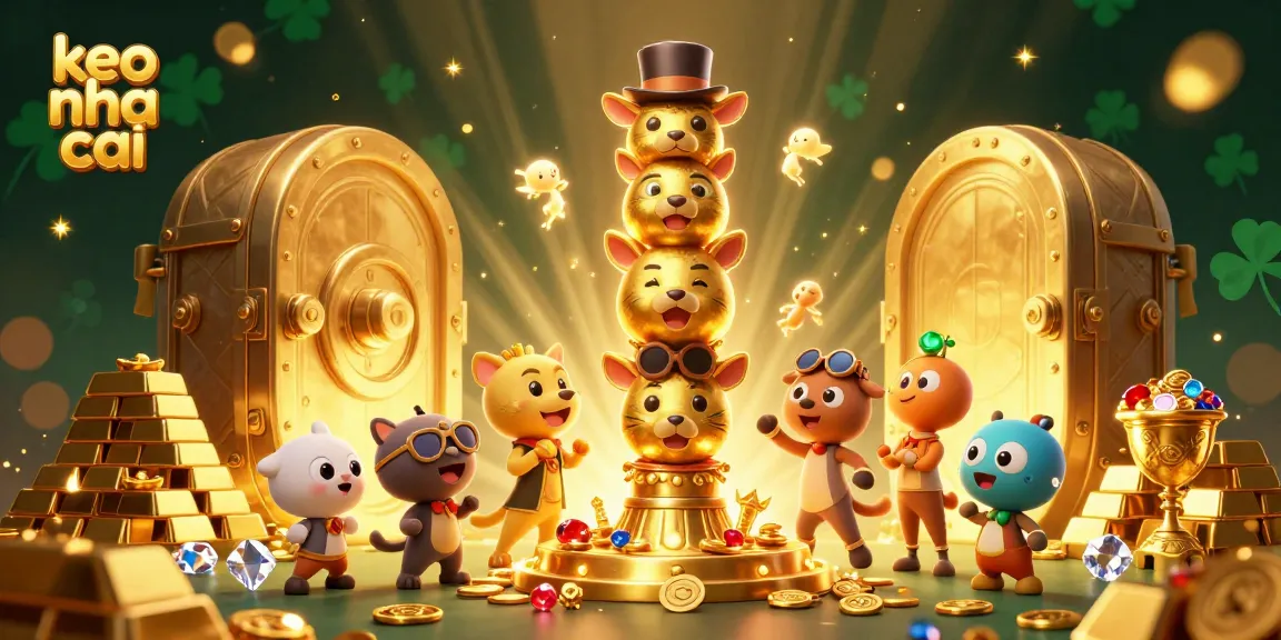 Engage in keo nha cai with captivating illustrations of dynamic totem pole characters amidst treasure and casino elements.