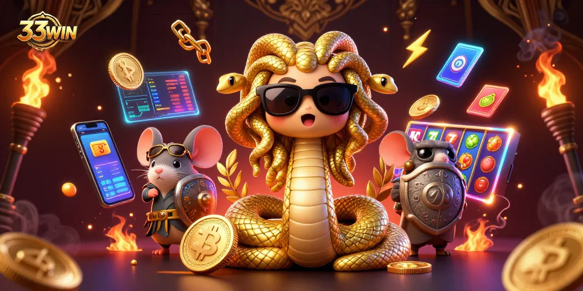 Engage with 33WIN's vibrant gaming scene, featuring Medusa and a warrior mouse amid crypto elements.