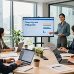 Inclusie in de werkomgeving: diverse professionals samenwerken aan een inclusiepresentatie.