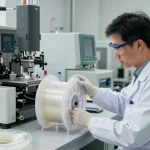 Inspectie van FEP teflon slang in een professionele industriële omgeving met precisie-instrumenten.