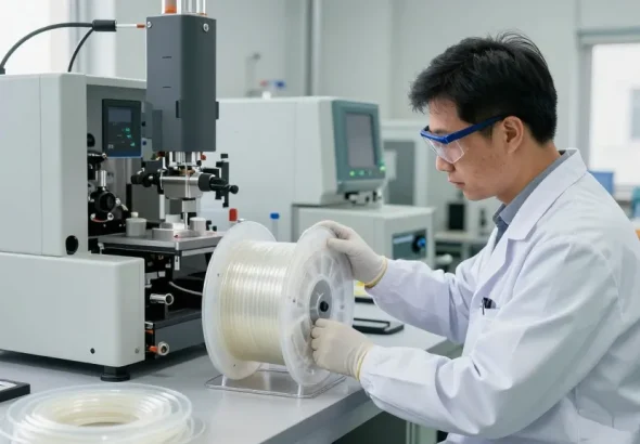 Inspectie van FEP teflon slang in een professionele industriële omgeving met precisie-instrumenten.