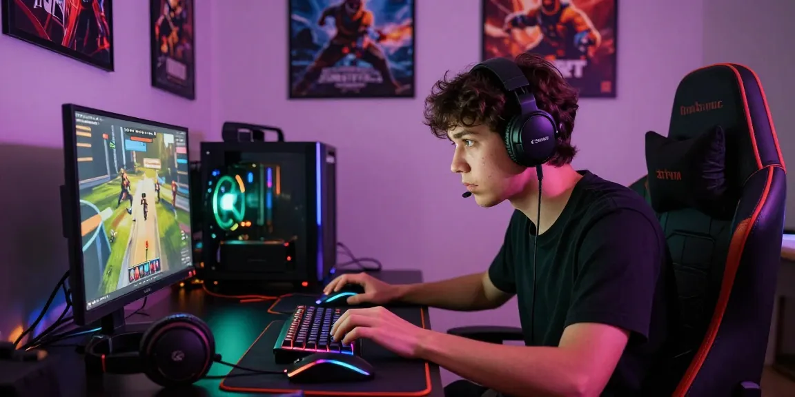 Engaged gamer navigating tisu4d puzzles in a vibrant gaming environment