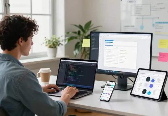 Build internal tools with AI in a modern workspace, showcasing collaboration and creativity.