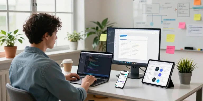 Build internal tools with AI in a modern workspace, showcasing collaboration and creativity.
